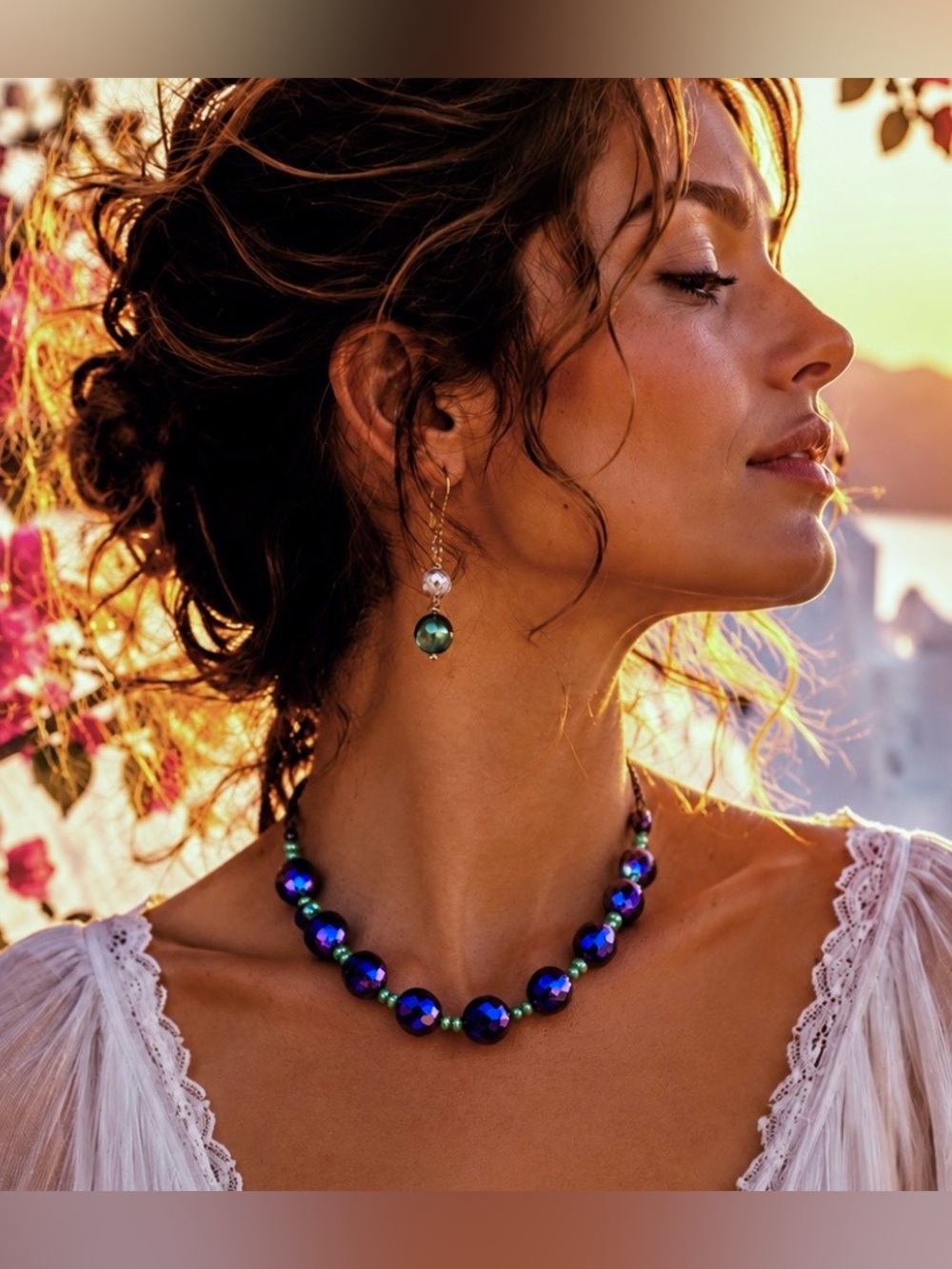 Ethereal Iridescent Peacock Violet Faceted Statement Necklace Mystical Boho